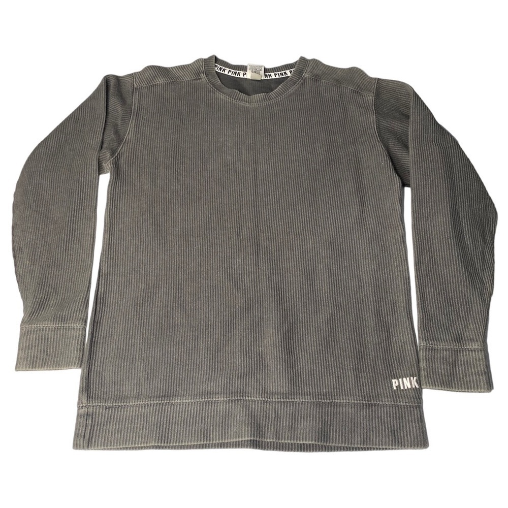 PINK DISTRESSED RIBBED DARK GRAY CREWNECK SWEATER SIZE XS